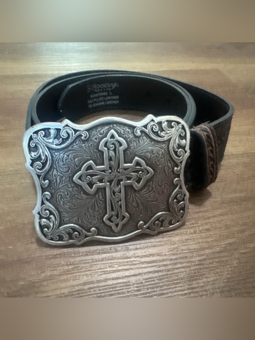 Nocona Large Brown Tooled Leather Floral & Cross Western Belt & Buckle